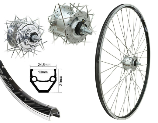 B�rwinkels 24 Zoll Vorderrad 19-507 DMS19 schwarz mit �sen 36L BDCP Nabendynamo 3/1 Disk 6 Loch Disc Mutter Silber Speichen Nirosta 2mm Silber