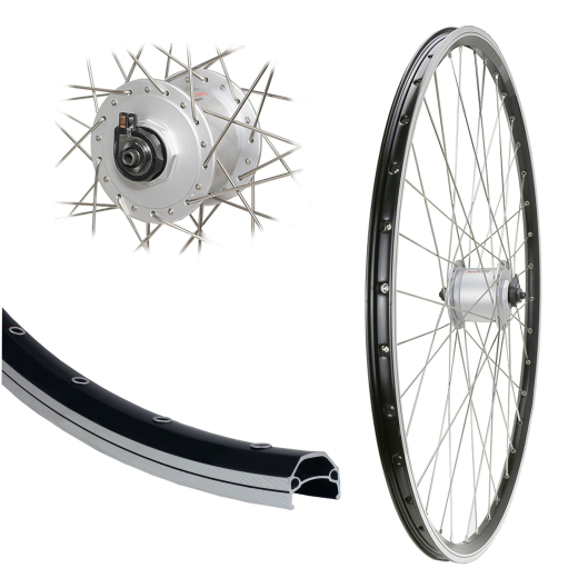 B�rwinkels 28 Zoll Vorderrad 19-622 CUT19 schwarz mit �sen Shimano Nabendynamo DHC30003 6V/3W Schnellspanner Speichen Silber