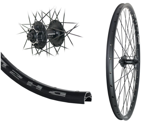 B�rwinkels 26 Zoll Vorderrad 21-559 DH21 schwarz Disk mit �sen 36L Shimano M475 6 Loch Disc Schnellspanner Speichen Nirosta 2mm schwarz