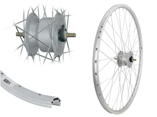 Aggro-X 28 Zoll Vorderrad 19-622 C19 36 Loch Nabendynamo B�chel KB04 6V / 3W Mutter Speichen Silber