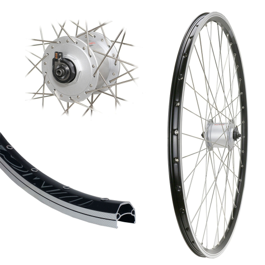 B�rwinkels 24 Zoll Vorderrad 19-507 DMS19 schwarz mit �sen f�r Felgenbremse Shimano Nabendynamo DHC30003 6V/3W Mutter Speichen Silber