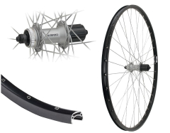 Aggro-X 28 Zoll Hinterrad 21-622 B21 schwarz mit �sen Shimano M4050 8-10 Fach Kassette Centerlock Disc Schnellspanner Speichen Silber